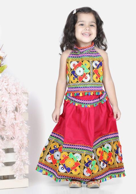Pink Embroidered Cotton Lehenga Set For Girls — view on Indya
