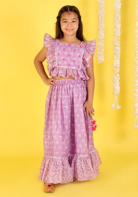 Purple Printed Polyester Lehenga Set For Girls