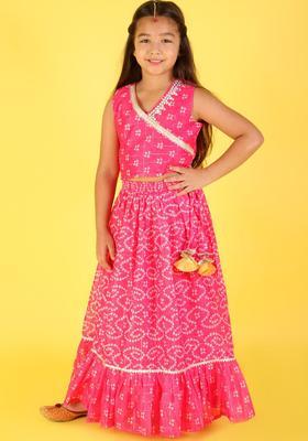 Pink Printed Polyester Lehenga Set For Girls