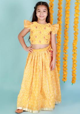 Yellow Printed Polyester Lehenga Set For Girls