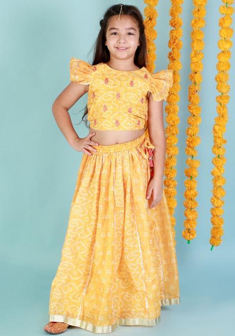 Yellow Printed Polyester Lehenga Set For Girls — view on Indya