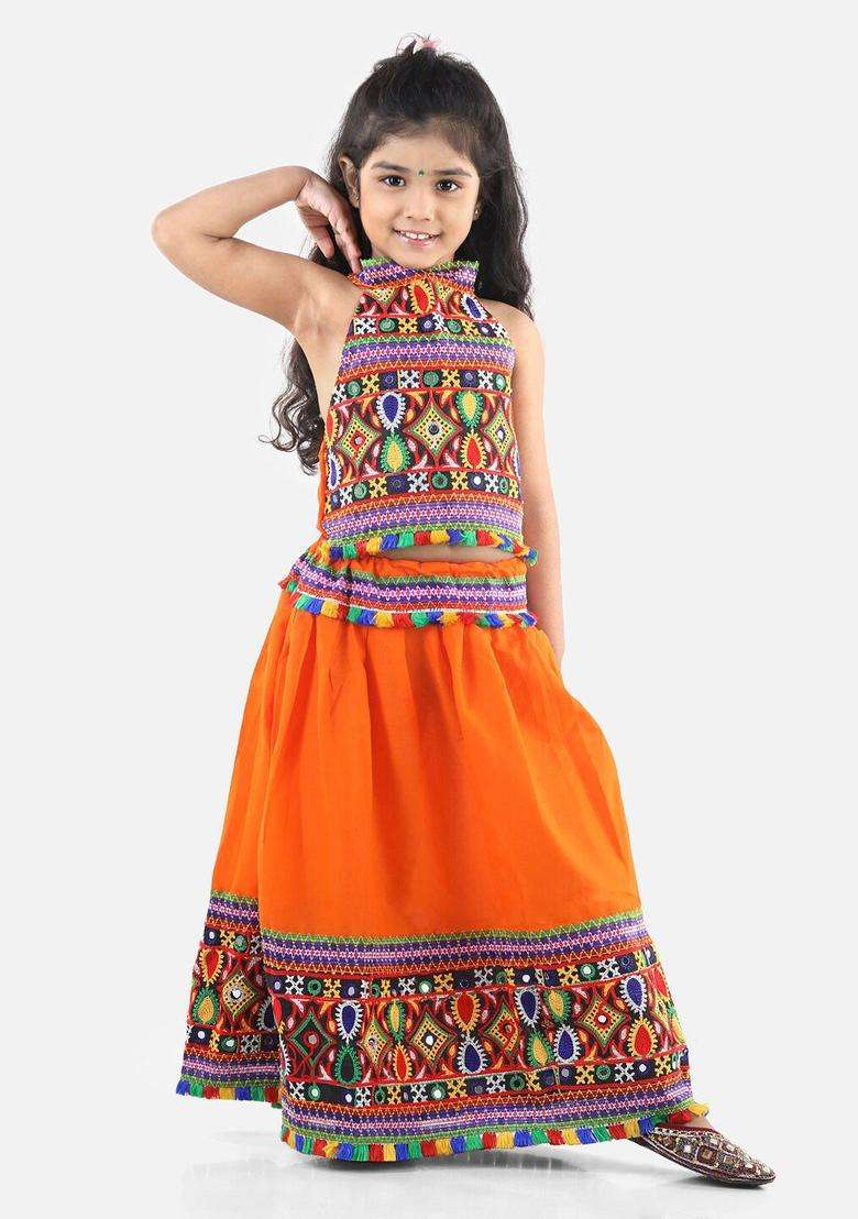 Orange Embellished Cotton Lehenga Set For Girls - Indya