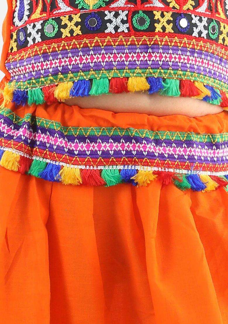 Orange Embellished Cotton Lehenga Set For Girls - Indya