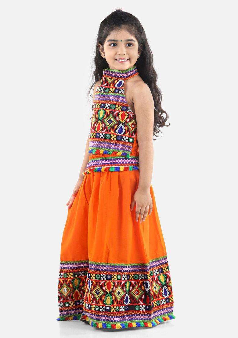 Orange Embellished Cotton Lehenga Set For Girls - Indya