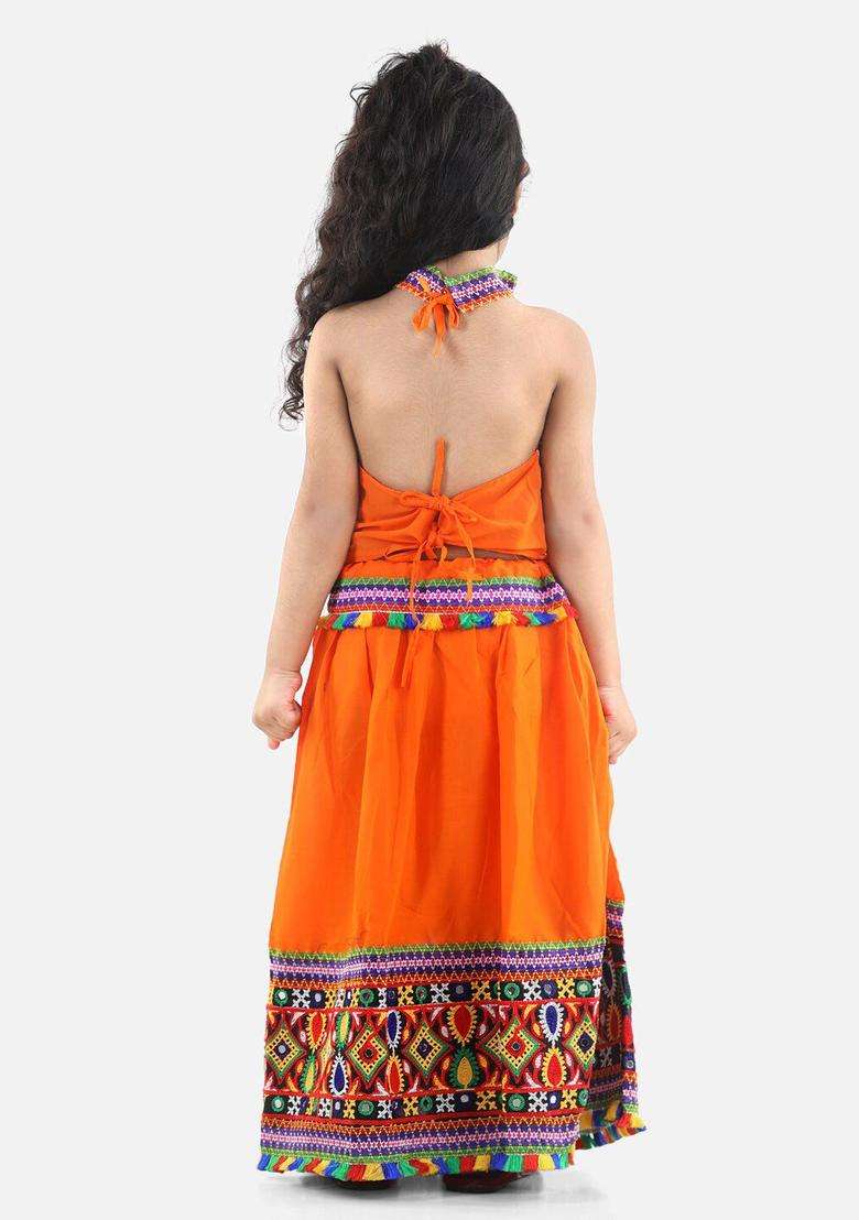 Orange Embellished Cotton Lehenga Set For Girls - Indya