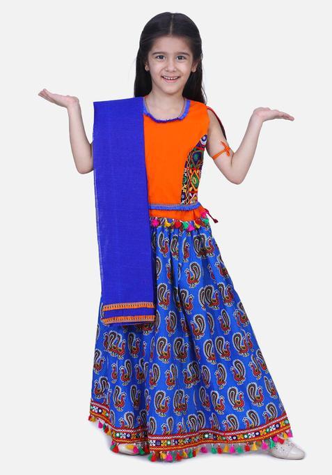 Blue Embellished Cotton Lehenga Set For Girls — view on Indya