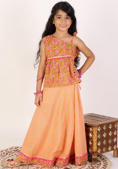 Orange Printed Cotton Lehenga Set For Girls — view on Indya