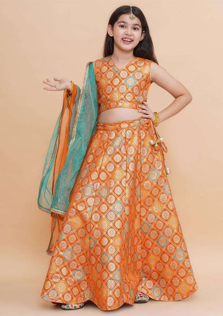 Orange Woven Design Silk Lehenga Set For Girls - Indya