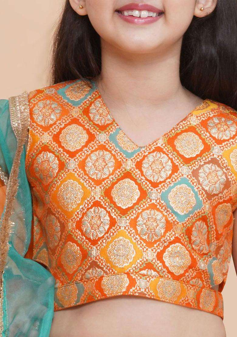 Orange Woven Design Silk Lehenga Set For Girls - Indya