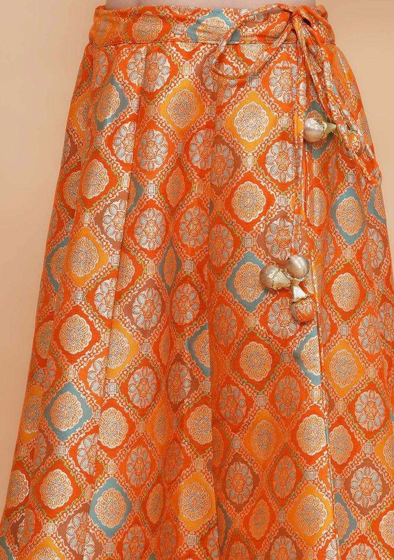 Orange Woven Design Silk Lehenga Set For Girls - Indya