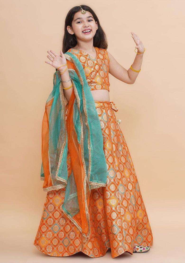 Orange Woven Design Silk Lehenga Set For Girls - Indya