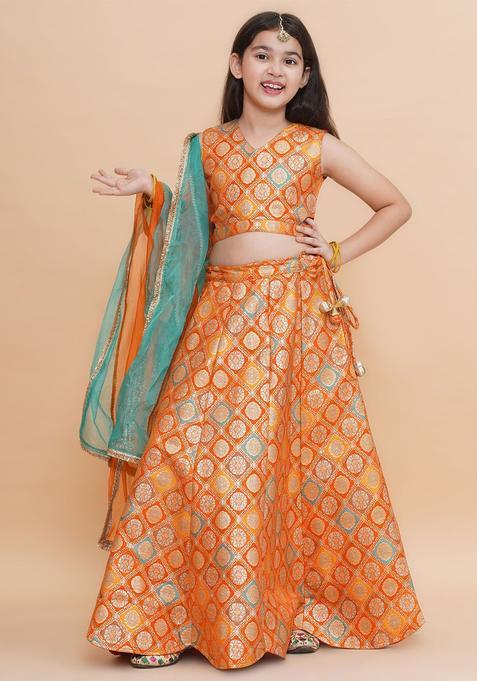 Orange Woven Design Silk Lehenga Set For Girls — view on Indya