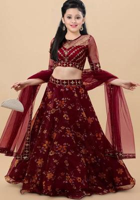 Maroon Embroidered Organza Lehenga Set For Girls