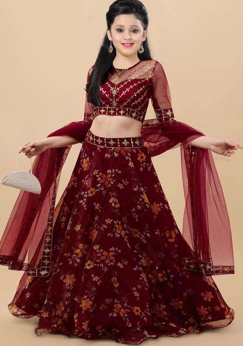Maroon Embroidered Organza Lehenga Set For Girls - Indya