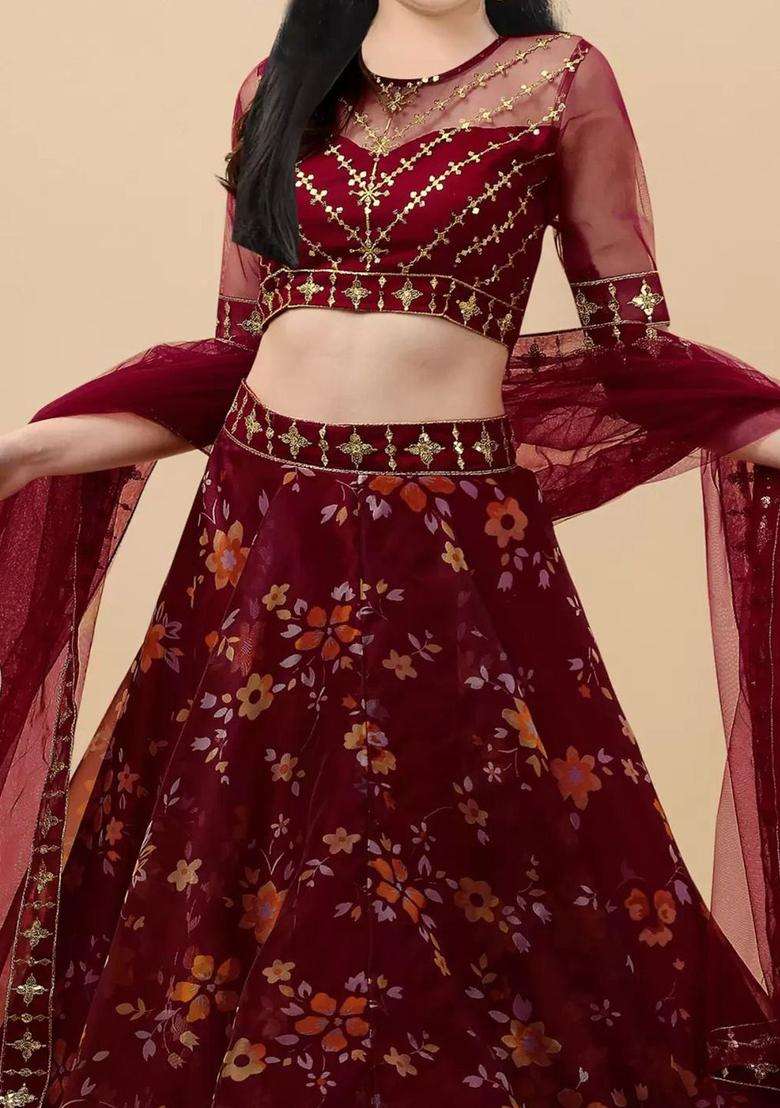 Maroon Embroidered Organza Lehenga Set For Girls - Indya