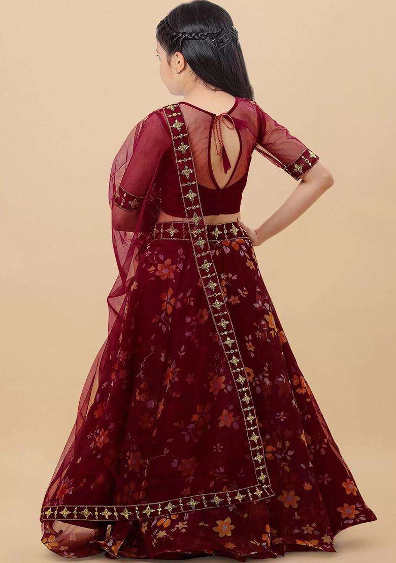 Maroon Embroidered Organza Lehenga Set For Girls - Indya