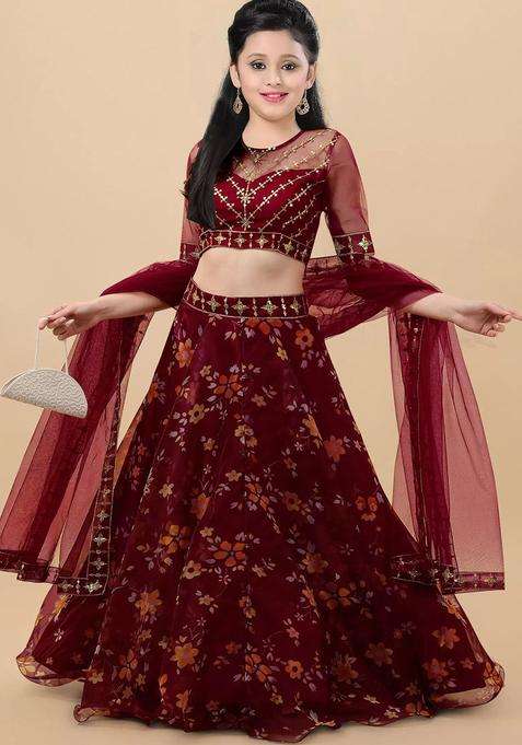 Maroon Embroidered Organza Lehenga Set For Girls