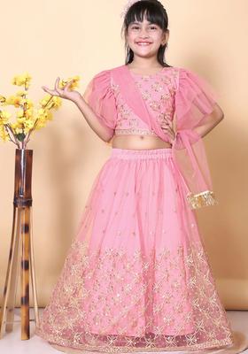 Peach Embroidered Net Lehenga Set For Girls