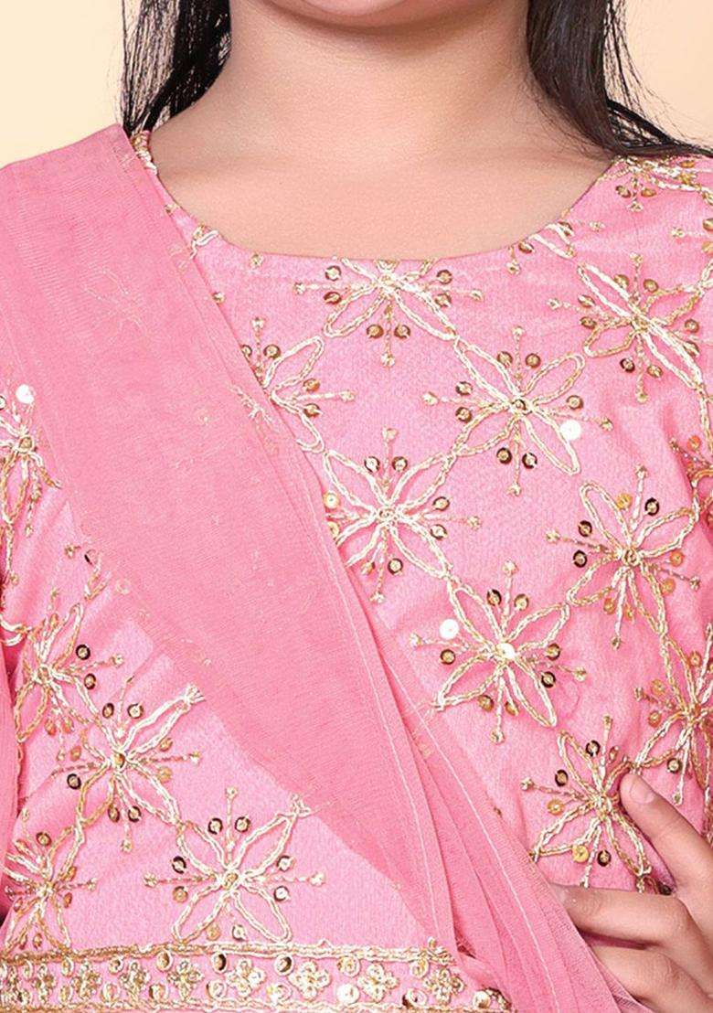 Peach Embroidered Net Lehenga Set For Girls - Indya