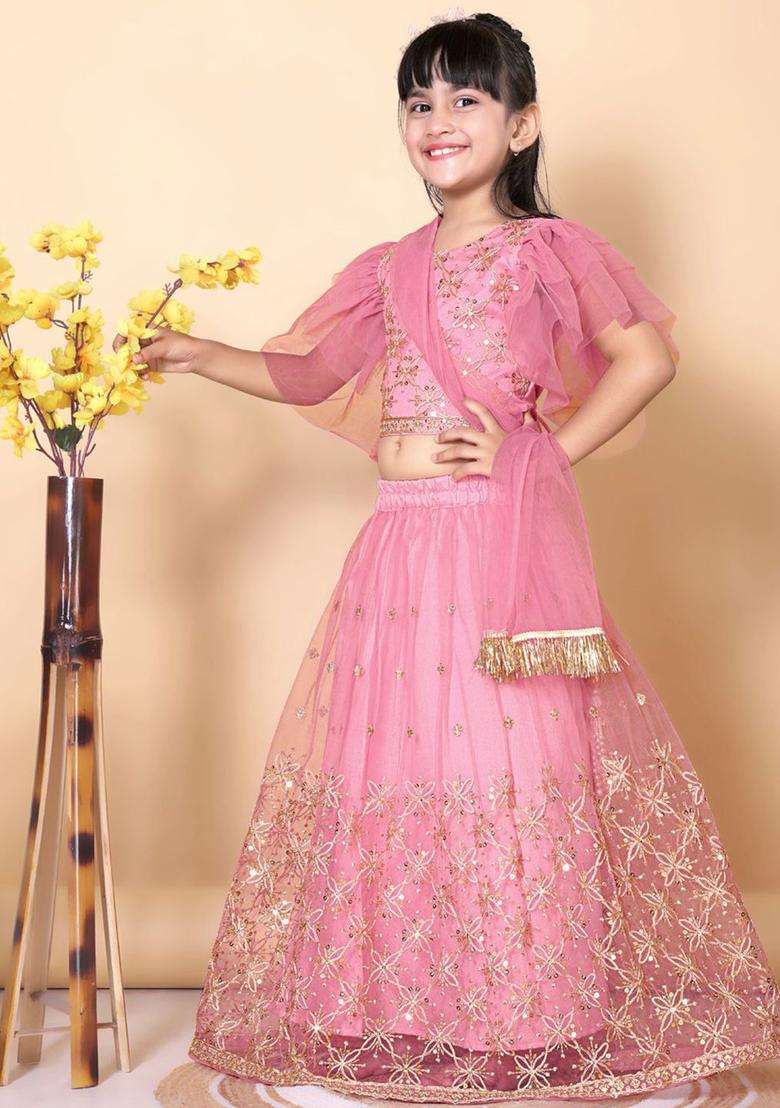 Peach Embroidered Net Lehenga Set For Girls - Indya