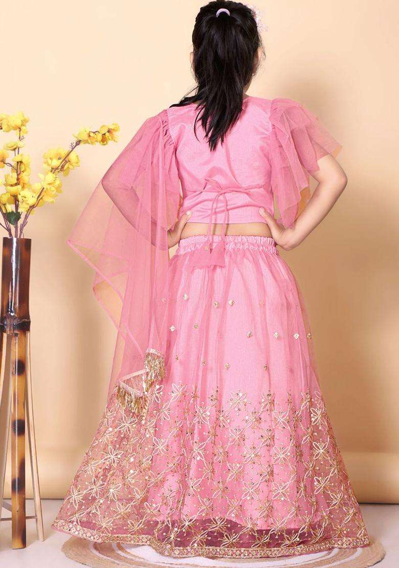 Peach Embroidered Net Lehenga Set For Girls - Indya