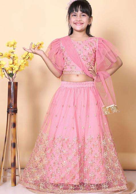 Peach Embroidered Net Lehenga Set For Girls
