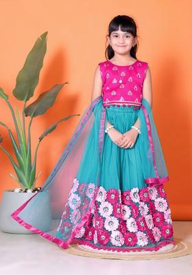 Blue Embroidered Net Lehenga Set For Girls