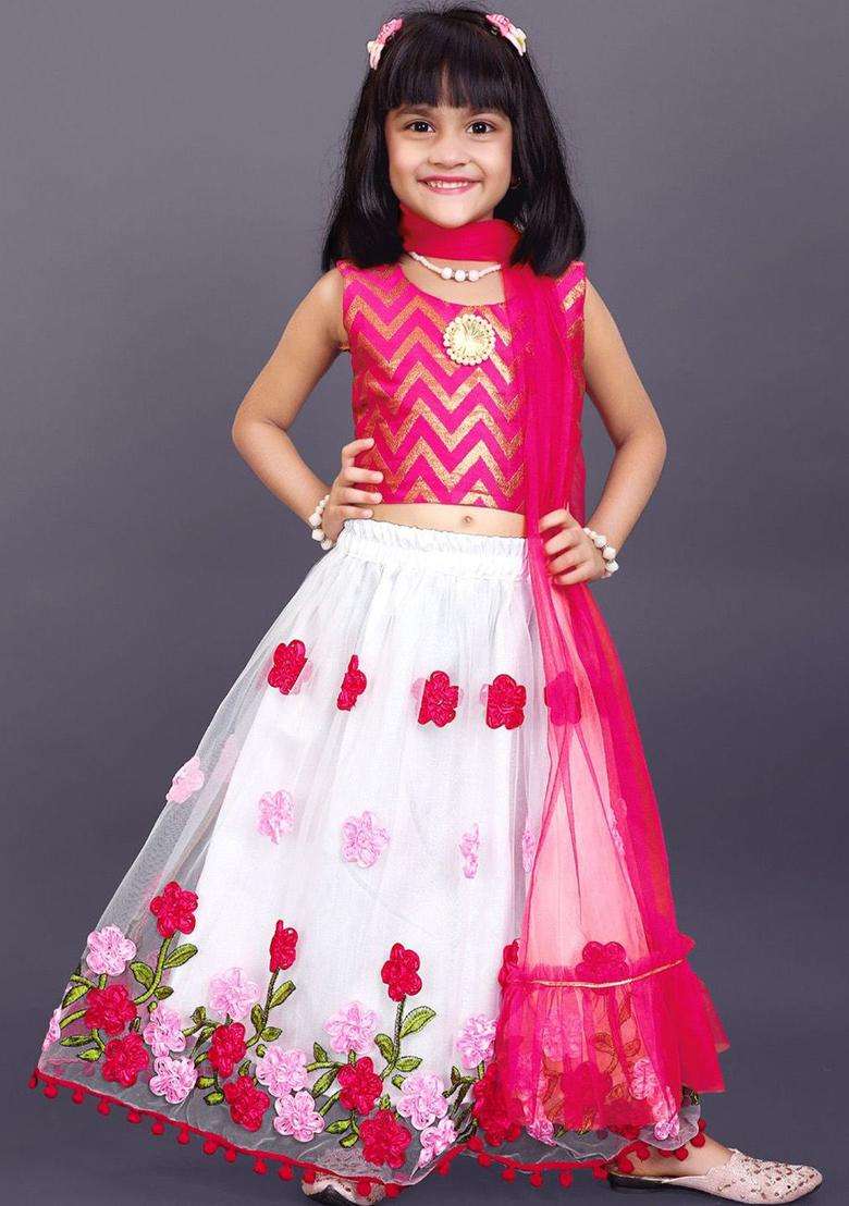 White Woven Design Net Lehenga Set For Girls - Indya