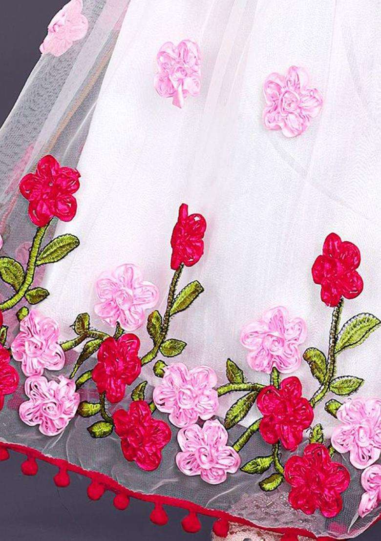White Woven Design Net Lehenga Set For Girls - Indya