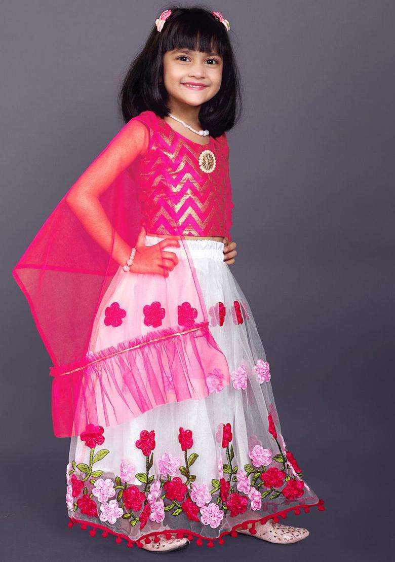 White Woven Design Net Lehenga Set For Girls - Indya