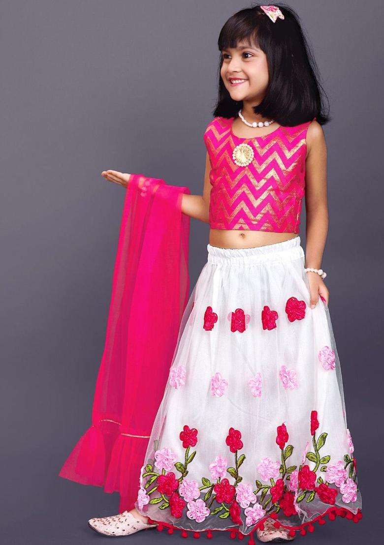 White Woven Design Net Lehenga Set For Girls - Indya