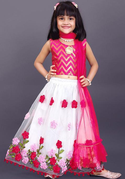 White Woven Design Net Lehenga Set For Girls — view on Indya