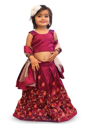 Purple Solid Satin Lehenga Set For Girls