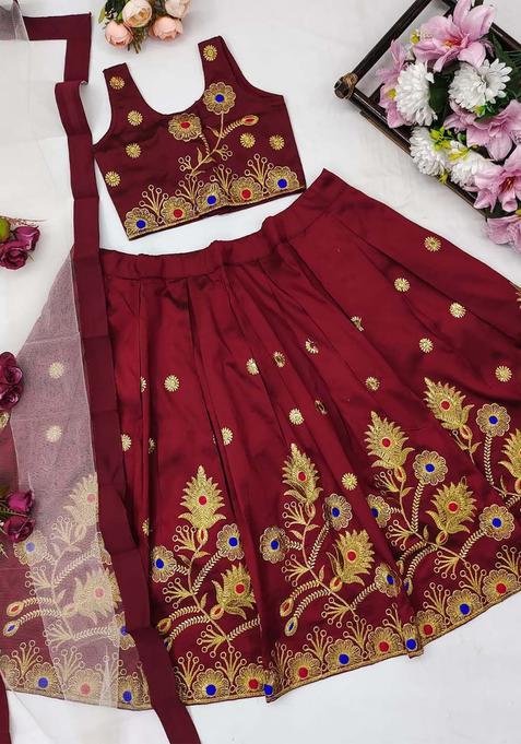 Maroon Embroidered Satin Lehenga Set For Girls — view on Indya