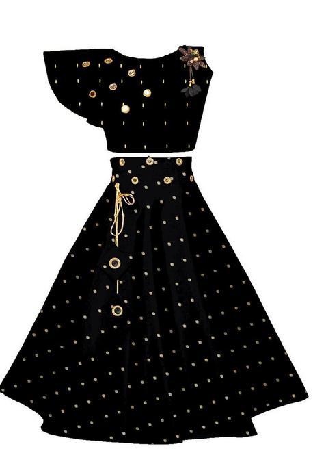 Black Printed Silk Lehenga Set For Girls — view on Indya