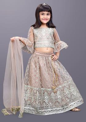 Beige Embroidered Net Lehenga Set For Girls