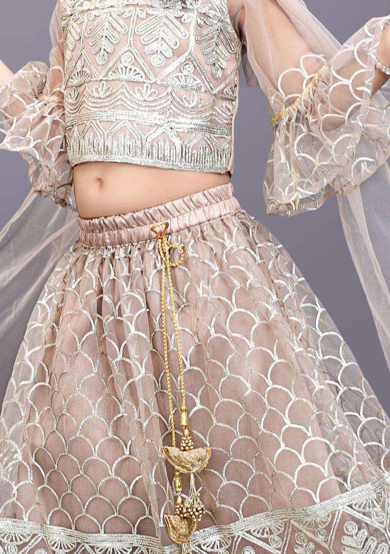 Beige Embroidered Net Lehenga Set For Girls - Indya