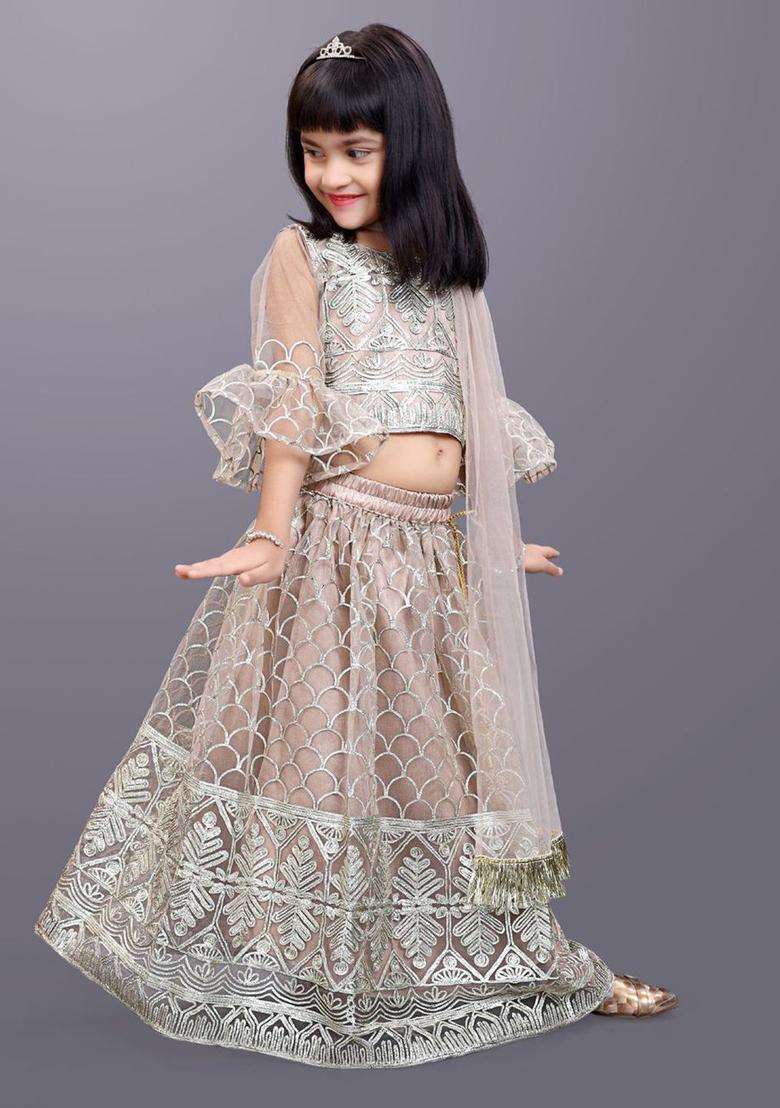 Beige Embroidered Net Lehenga Set For Girls - Indya