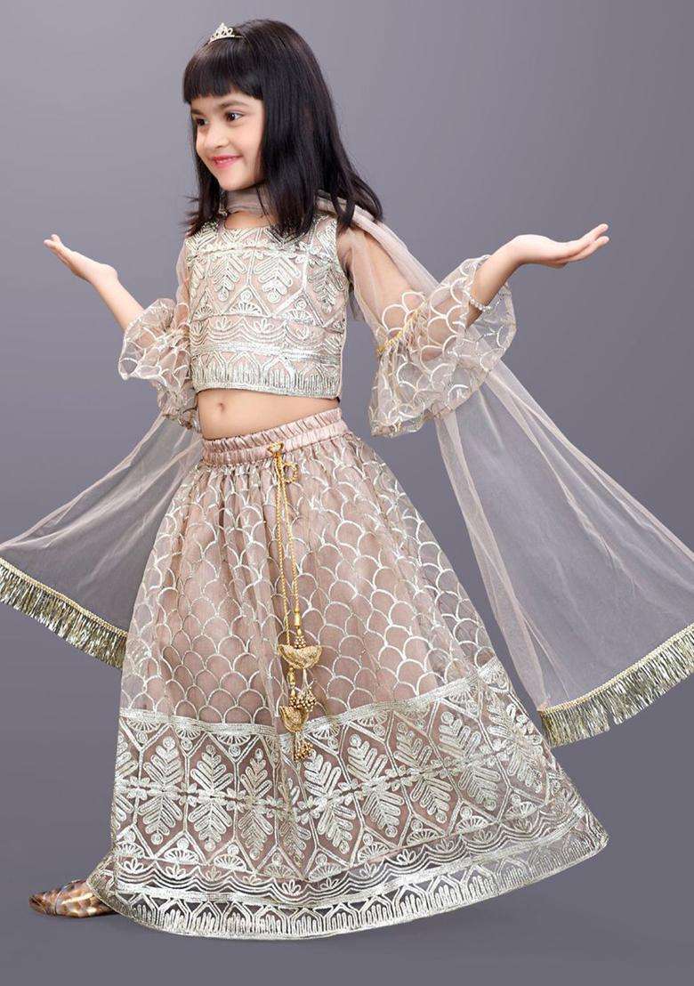 Beige Embroidered Net Lehenga Set For Girls - Indya