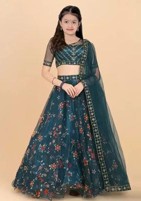 Green Embellished Organza Lehenga Set For Girls