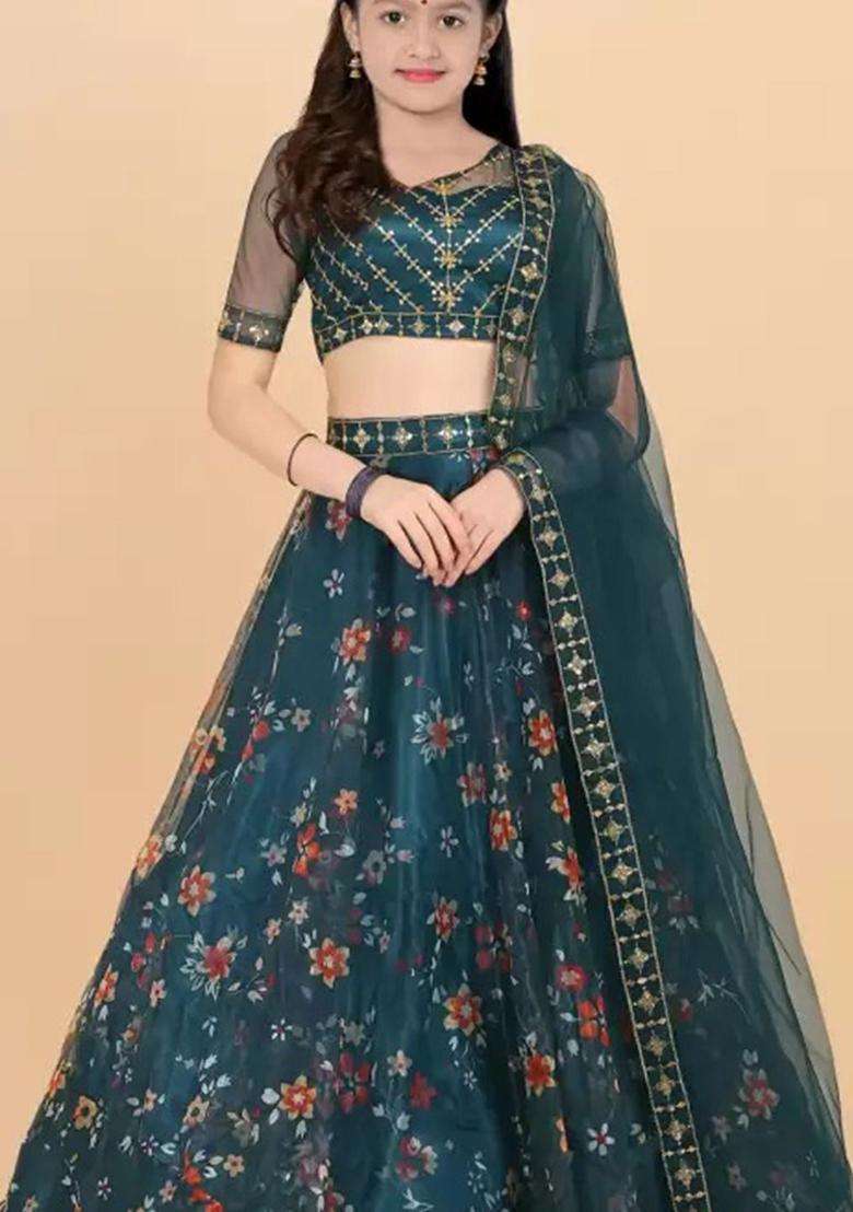 Green Embellished Organza Lehenga Set For Girls - Indya