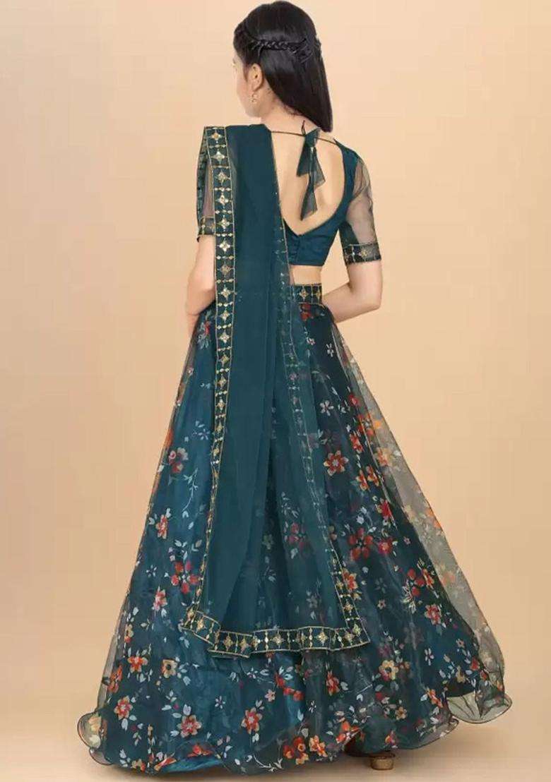 Green Embellished Organza Lehenga Set For Girls - Indya