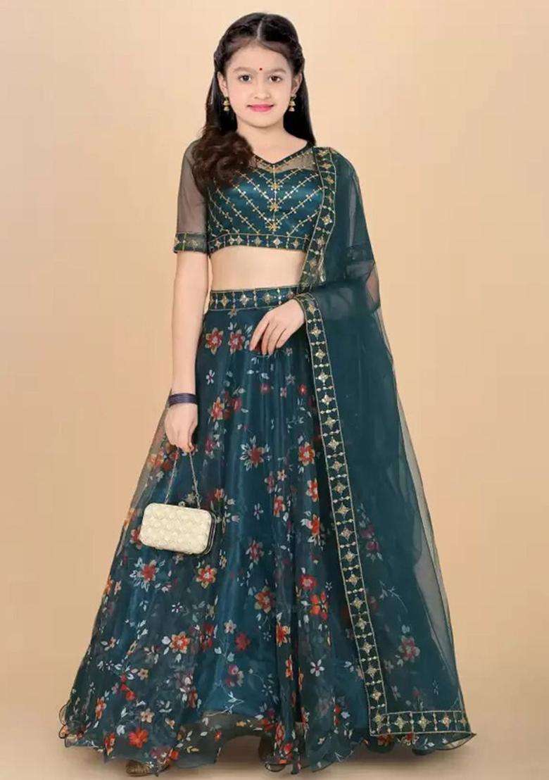 Green Embellished Organza Lehenga Set For Girls - Indya