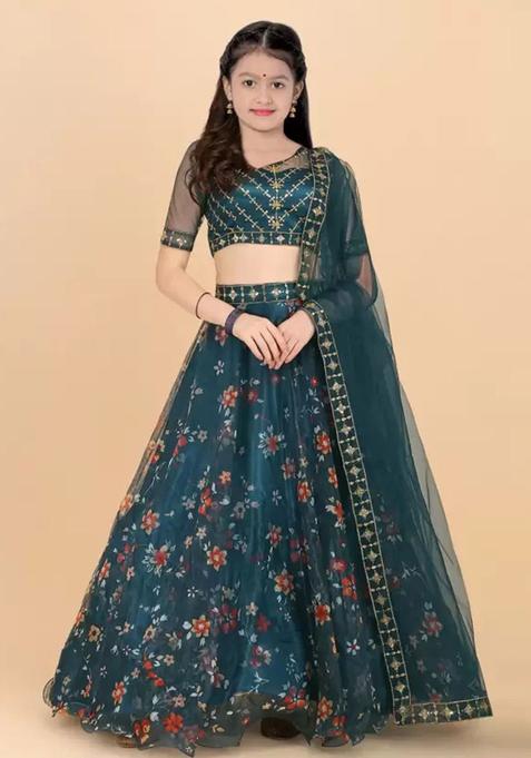 Green Embellished Organza Lehenga Set For Girls — view on Indya