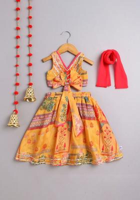 Yellow Printed Polyester Lehenga Set For Girls