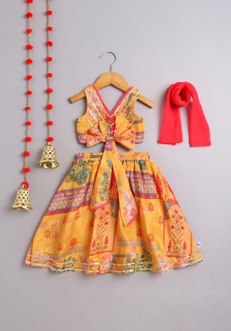 Yellow Printed Polyester Lehenga Set For Girls — view on Indya