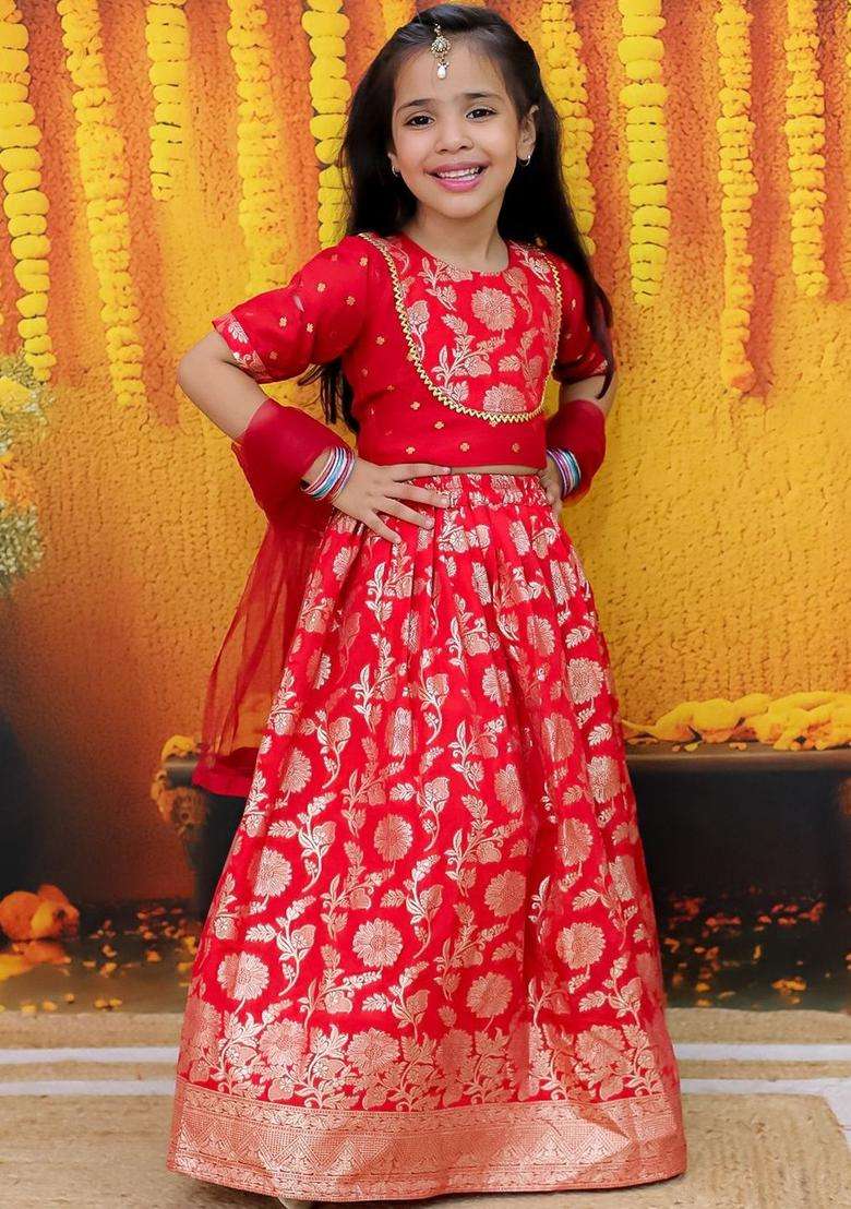 Red Woven Design Silk Lehenga Set For Girls - Indya