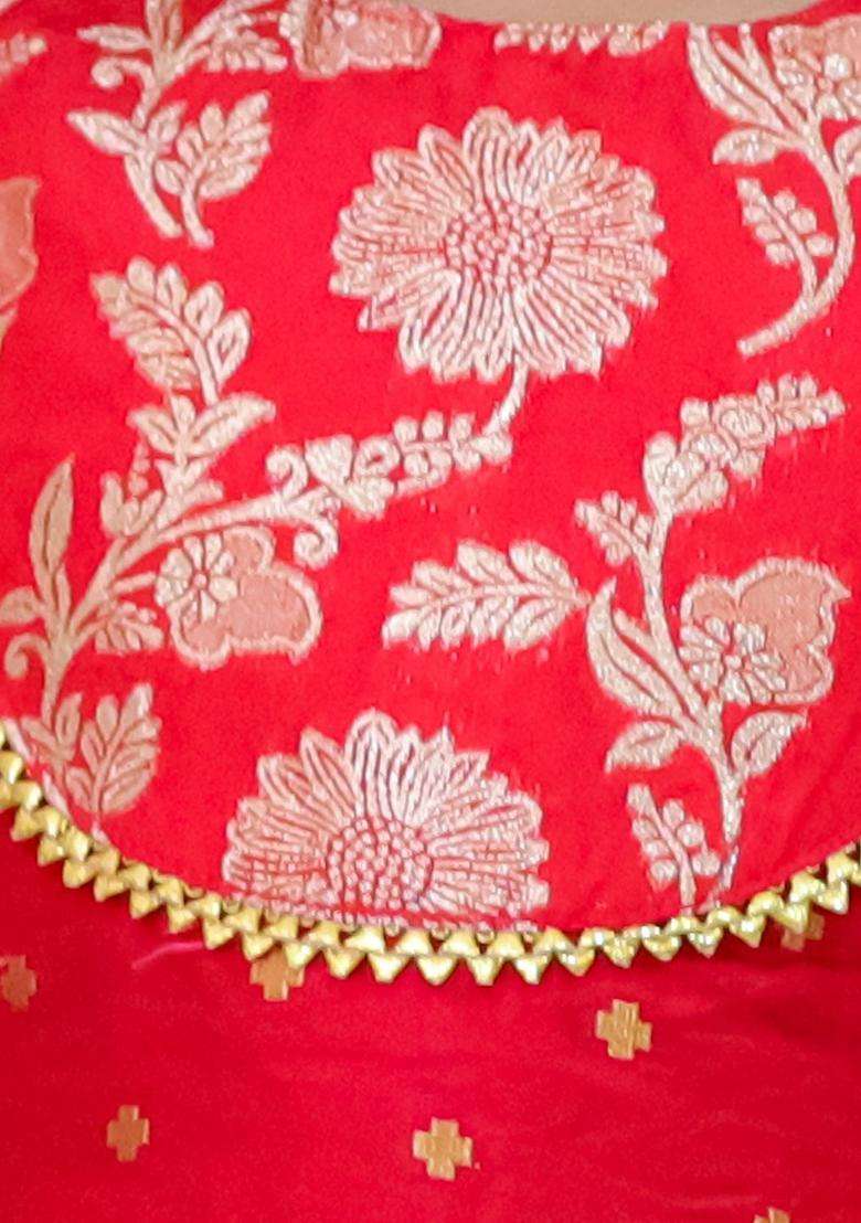 Red Woven Design Silk Lehenga Set For Girls - Indya