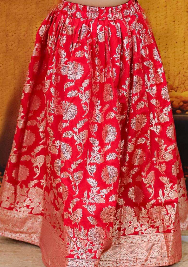 Red Woven Design Silk Lehenga Set For Girls - Indya