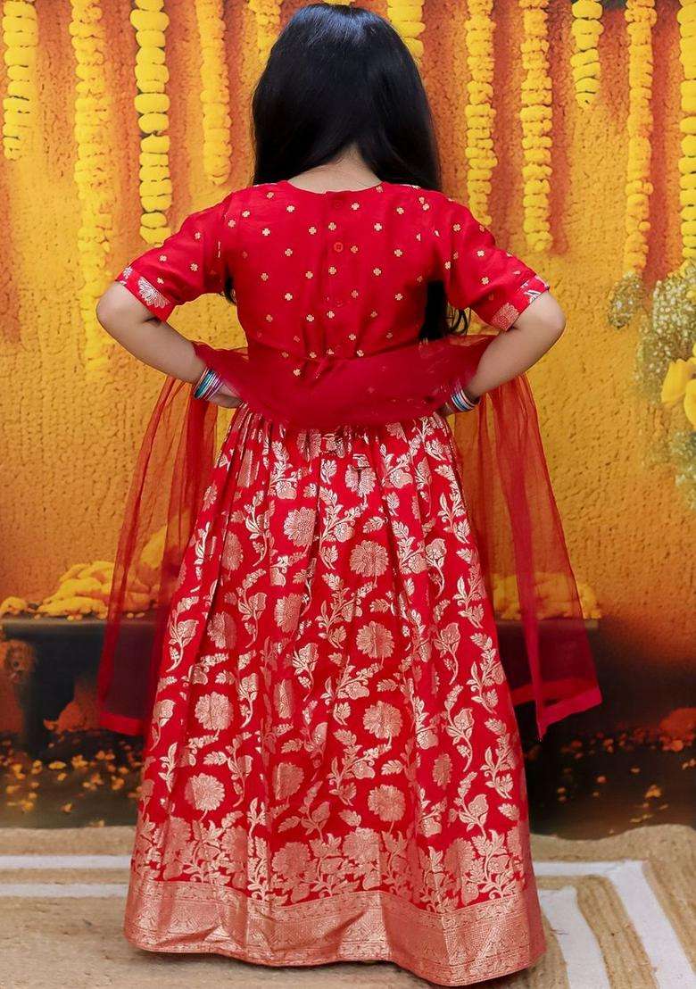 Red Woven Design Silk Lehenga Set For Girls - Indya